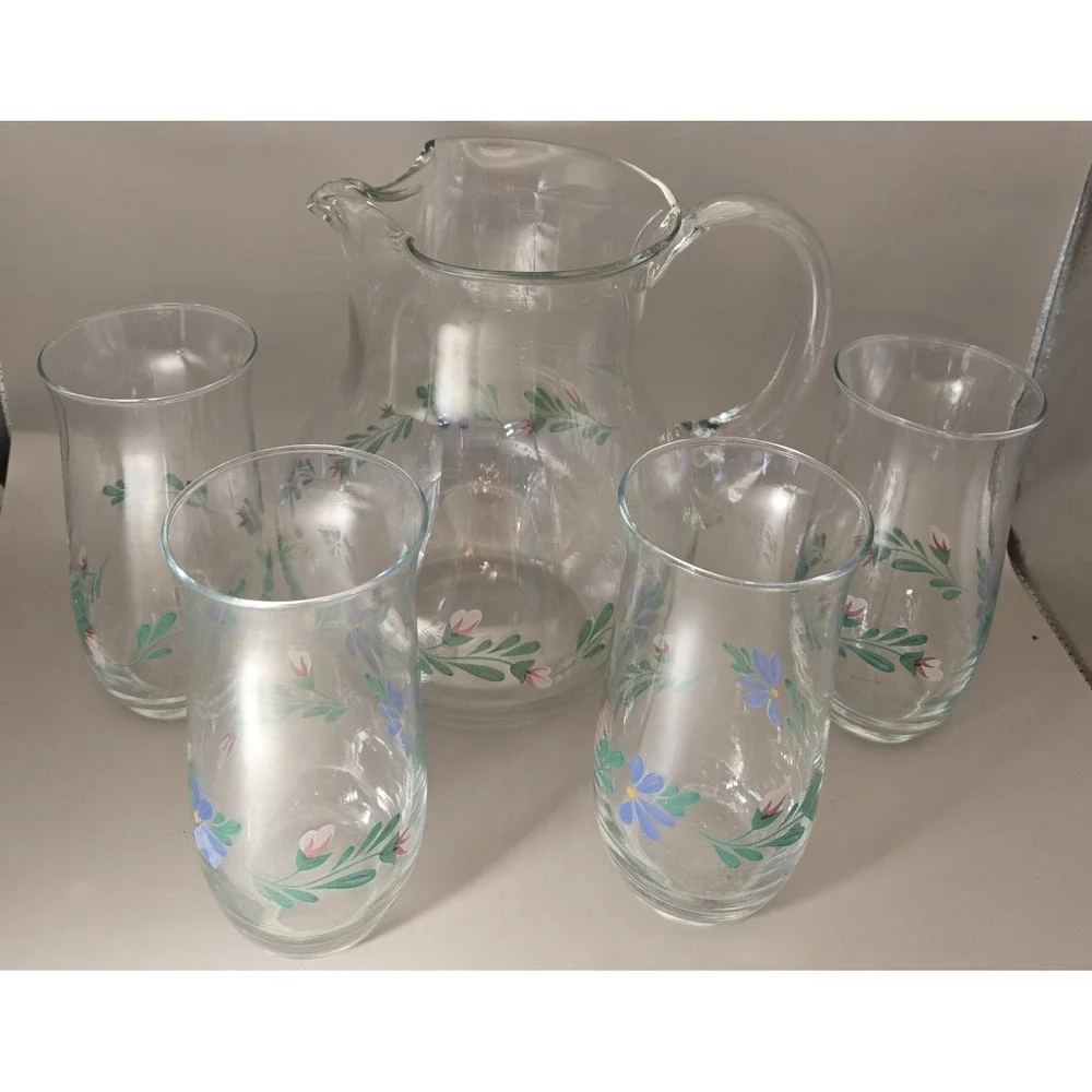 Vintage Pitcher 4 Glasses Floral Design Glass With Ice‎ Guard
